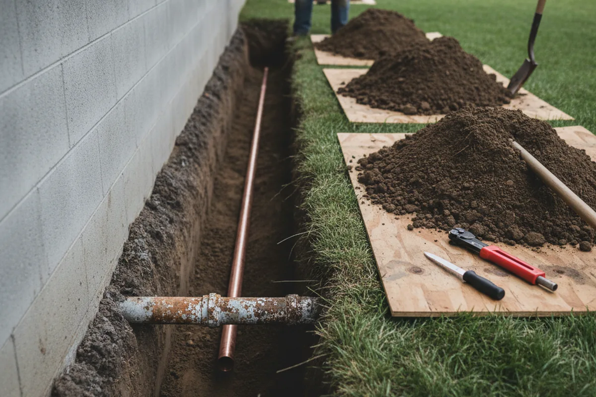Excavated water line trench during Water Heater Repair in West Kingston